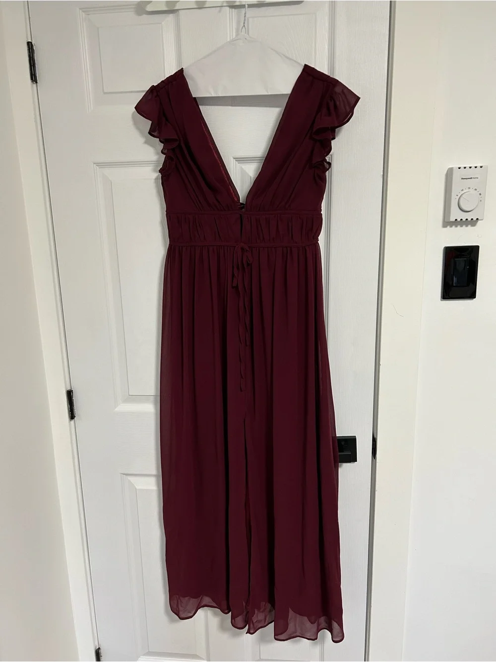 Deep Burgundy V-Neck Maxi Dress with Flutter Sleeves - Picture 2 of 8